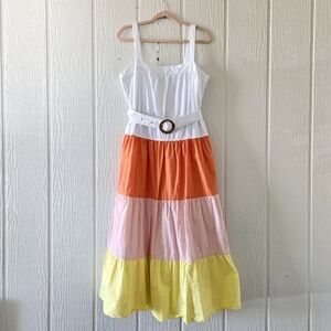 Endless Rose White Top Colorblock Maxi Dress with Orange, Pink & Yellow Tiers